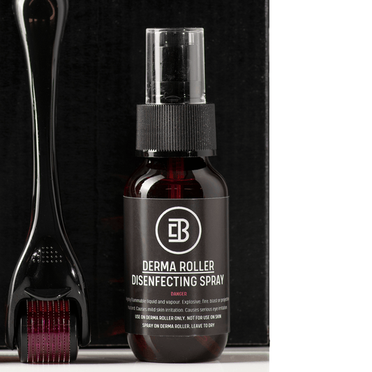 Bloke and Co Derma Roller upright beside Derma Roller Disinfecting Spray